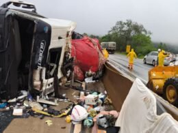 Caminhão tomba após bater em defensa de concreto na BR-163 e motorista morre no local